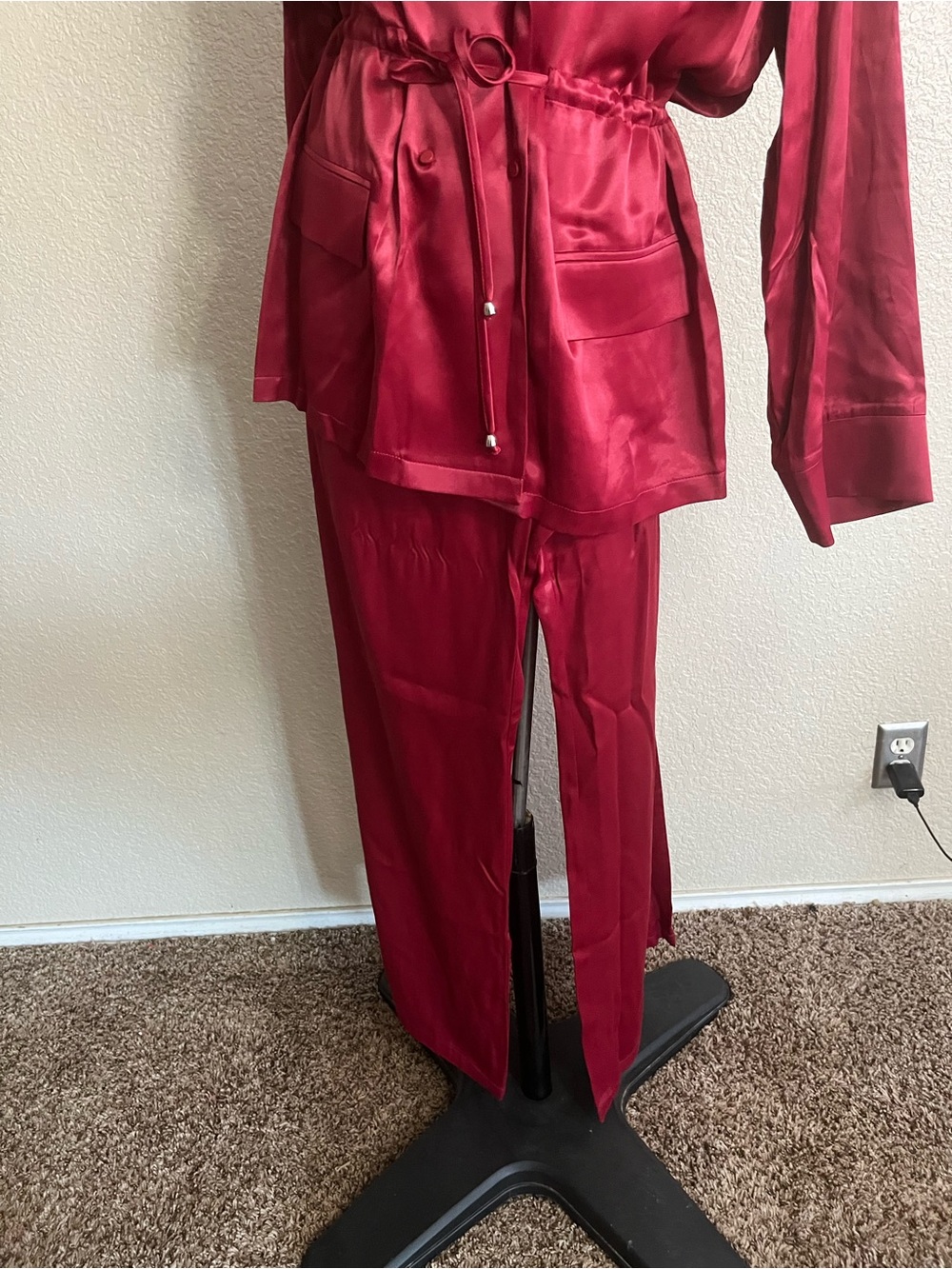 Women's Satin Drawstring Waist Jacket - Burgundy - Picture 2 of 13